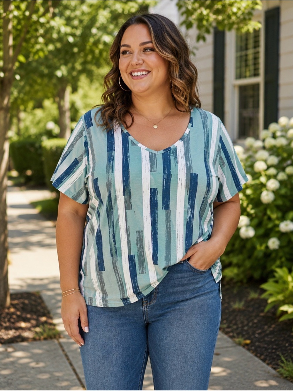 Women's Boutique Mint & Navy Striped V-Neck Top
